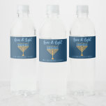 Hanukkah Love & Light Custom Blue Menorah Party Water Bottle Label<br><div class="desc">Cute custom Love and Light Hanukkah party water bottle labels for a Jewish family Chanukah dinner celebration with a synagogue. Personalise this pretty accessory with your own last name or group information in blue under the pretty gold menorah.</div>
