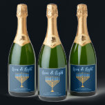 Hanukkah Love & Light Custom Menorah Blue Party<br><div class="desc">Cute custom Love and Light Hanukkah champagne bottle label for a Jewish family or a Chanukah party with a synagogue. Personalise with your own last name or group information in blue under the pretty gold menorah to give as gifts.</div>