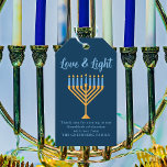 Hanukkah Love & Light Custom Menorah Blue Party<br><div class="desc">Cute custom Love and Light Hanukkah gift tag for a Jewish family or a Chanukah party with a synagogue. Personalise with your own last name or group information in blue under the pretty gold menorah.</div>