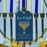 Hanukkah Love & Light Custom Menorah Blue Party Gift Tags<br><div class="desc">Cute custom Love and Light Hanukkah gift tag for a Jewish family or a Chanukah party with a synagogue. Personalise with your own last name or group information in blue under the pretty gold menorah.</div>