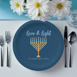 Hanukkah Love & Light Custom Menorah Blue Party Paper Plate<br><div class="desc">Cute custom Love and Light Hanukkah paper plate for a Jewish family dinner or a Chanukah party with a synagogue. Personalise this pretty decor with your own last name or group information in blue under the pretty gold menorah.</div>
