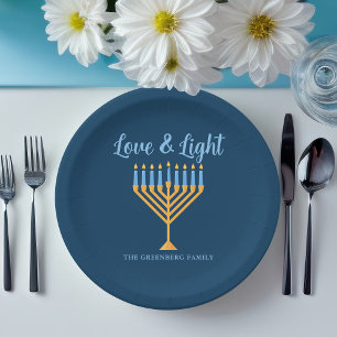 Hanukkah Love & Light Custom Menorah Blue Party Paper Plate
