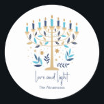 Hanukkah Love & Light Floral Menorah  Classic Round Sticker<br><div class="desc">Hanukkah Love & Light Floral Menorah stickers. Personalise the custom text above. You can find additional coordinating items in our "Floral Hanukkah Menorah and Dreidel" collection.</div>
