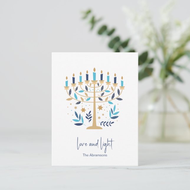 Hanukkah Love & Light Floral Menorah Holiday Postcard (Standing Front)