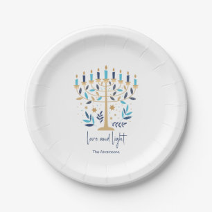 Hanukkah Love & Light Floral Menorah Paper Plate