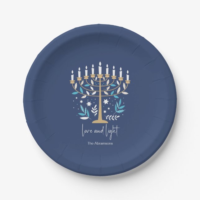 Hanukkah Love & Light Floral Menorah Paper Plate (Front)