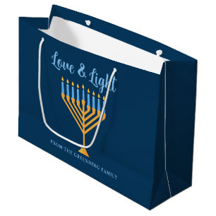Hanukkah Love & Light Menorah Customisable Blue Large Gift Bag