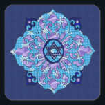 Hanukkah Mandela Square Sticker<br><div class="desc">Blues of all shades,  lilac and lavender in a flower mandela shape with a knotted six-sided star in the centre is a great way to celebrate Hanukkah and express your individuality at the same time.</div>
