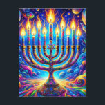 Hanukkah menorah aglow in psychedelic colours postcard<br><div class="desc">Celebrate the spirit of Hanukkah, with its menorah aglow in a symphony of psychedelic colours, each flame a beacon of hope and joy amidst a universe of patterns and light. 🕎✨🌈</div>