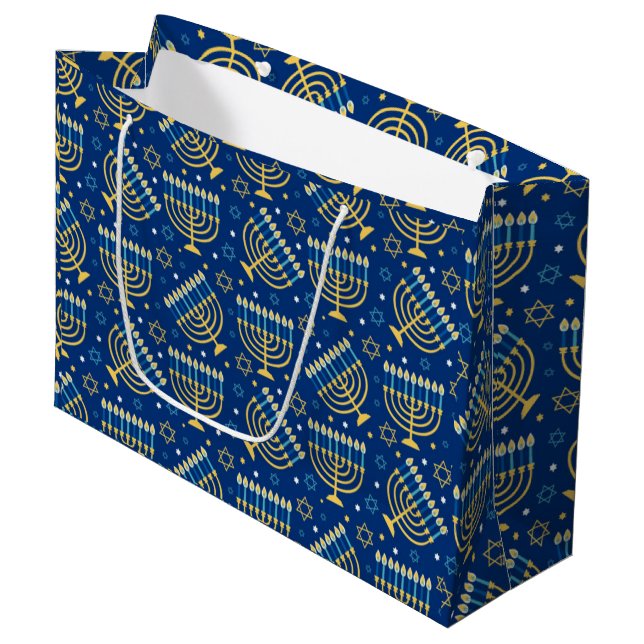 Hanukkah Menorah Blue Star Jewish  Large Gift Bag (Front Angled)
