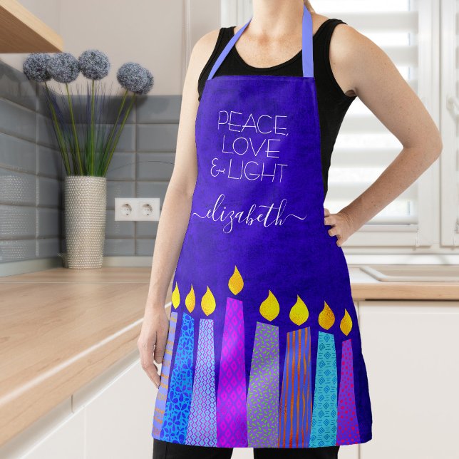 Hanukkah Menorah Candles on Blue Peace Love Light Apron (Creator Uploaded)
