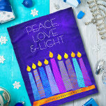 Hanukkah Menorah Candles on Blue, Peace Love Light Fleece Blanket<br><div class="desc">“Peace, love & light.” A playful, modern, artsy illustration of boho pattern candles in a menorah helps you usher in the holiday of Hanukkah. Assorted blue candles with colourful faux foil patterns overlay a rich, deep blue textured background. Feel the warmth and joy of the holiday season whenever you wrap...</div>