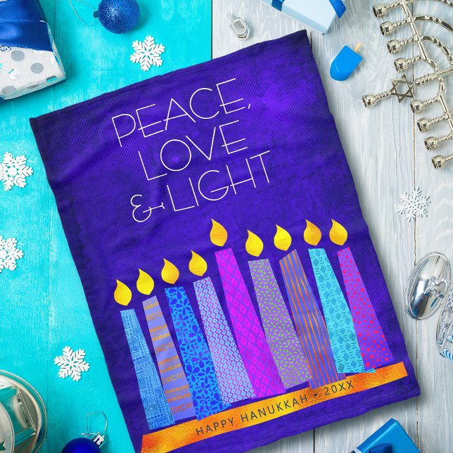 Hanukkah Menorah Candles on Blue, Peace Love Light Fleece Blanket (Creator Uploaded)
