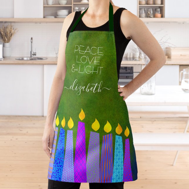 Hanukkah Menorah Candles on Green Peace Love Light Apron (Creator Uploaded)