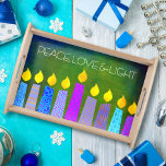 Hanukkah Menorah Candles on Green Peace Love Light Serving Tray<br><div class="desc">“Peace, love & light.” A playful, modern, artsy illustration of boho pattern candles helps you usher in the holiday of Hanukkah. Assorted blue candles with colourful faux foil patterns overlay a rich, deep green textured background. Feel the warmth and joy of the holiday season whenever you use this stunning, colourful...</div>