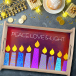 Hanukkah Menorah Candles on Red Peace Love Light Serving Tray<br><div class="desc">“Peace, love & light.” A playful, modern, artsy illustration of boho pattern candles helps you usher in the holiday of Hanukkah. Assorted blue candles with colourful faux foil patterns overlay a rich, deep burnt red orange textured background. Feel the warmth and joy of the holiday season whenever you use this...</div>