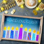 Hanukkah Menorah Candles on Turquoise Peace Love Serving Tray<br><div class="desc">“Peace, love & light.” A playful, modern, artsy illustration of boho pattern candles helps you usher in the holiday of Hanukkah. Assorted blue candles with colourful faux foil patterns overlay a turquoise gradient to white textured background. Feel the warmth and joy of the holiday season whenever you use this stunning,...</div>