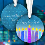 Hanukkah Menorah Candles Turquoise Keepsake Custom Ornament<br><div class="desc">“Happy Hanukkah.” A playful, modern, artsy illustration of boho pattern candles helps you usher in the holiday of Hanukkah in style. Assorted blue candles with colourful faux foil patterns overlay a turquoise gradient to white textured background. On the back, personalise with your family name and year, over a tiny turquoise...</div>