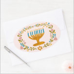 HANUKKAH Menorah floral wreath Jewish Holiday  Oval Sticker<br><div class="desc">Hand drawn florals by me for you.  For more designs and colours check my shop! Or let me know if you'd like something custom.  Ask if you don't find what you need! :)</div>