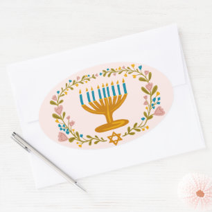 HANUKKAH Menorah floral wreath Jewish Holiday Oval Sticker