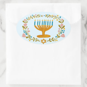 HANUKKAH Menorah floral wreath Jewish Holiday  Oval Sticker