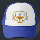 HANUKKAH Menorah floral wreath Jewish Holiday Trucker Hat<br><div class="desc">Hand drawn florals by me for you. Add your own text if you like. For more designs and colours check my shop! Or let me know if you'd like something custom. Ask if you don't find what you need! :)</div>