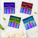 Hanukkah Menorah Fun Colourful Artsy Boho Candles  Coaster Set<br><div class="desc">“Happy Hanukkah.” A playful, modern, artsy illustration of colourful boho pattern candles helps you usher in the holiday of Hanukkah. Assorted blue candles with colourful faux foil patterns overlay rich, deep blue, green, dark red and turquoise textured backgrounds. Feel the warmth and joy of the holiday season whenever you relax...</div>
