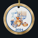 Hanukkah Menorah Gold Blue  Ceramic Tree Decoration<br><div class="desc">This design may be personalised by choosing the Edit Design option. You may also transfer onto other items. Contact me at colorflowcreations@gmail.com or use the chat option at the top of the page if you wish to have this design on another product or need assistance with this design. See more...</div>