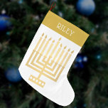 Hanukkah Menorah Gold Tone Elegant Modern Large Christmas Stocking<br><div class="desc">Personalise this elegant and modern style Hanukkah Menorah stocking by adding a name in white to the gold tone "cuff" design. The design is sleek and simple with my original square style Menorah in faux gold on white and a simple yet interesting font for the name. Whether you celebrate Chanuka...</div>