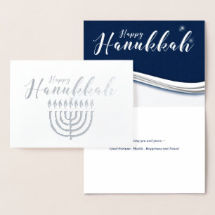 Hanukkah Menorah in Blue and Silver Modern Foil Card