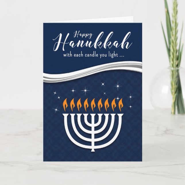 Hanukkah Menorah in Blue and White Modern Theme Holiday Card (Front)