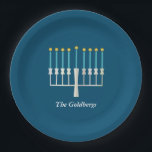Hanukkah Menorah in Blue Custom Family Name Paper Plate<br><div class="desc">This stylish custom paper plate set features a Hanukkah themed design of a minimalist menorah in blue. Personalise it with your name. Great gift idea!</div>