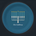 Hanukkah Menorah in Blue Custom Family Name Paper Plate<br><div class="desc">This stylish custom paper plate set features a Hanukkah themed design of a minimalist menorah in blue. Personalise it with your name. Great gift idea!</div>