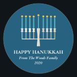 Hanukkah Menorah in Blue Personalised Classic Round Sticker<br><div class="desc">Simple Hanukkah greeting with a lit menorah illustration in blue. All text can be customised so you can use your preferred Hanukkah spelling.</div>