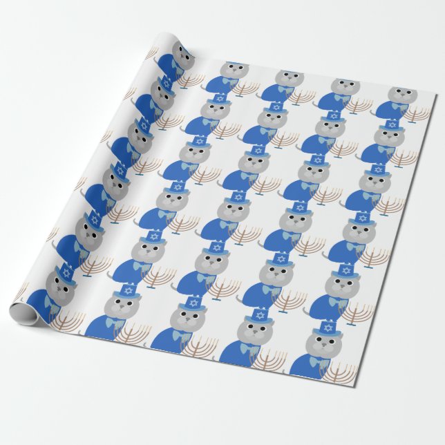 Hanukkah Menorah Kitty Wrapping Paper (Unrolled)