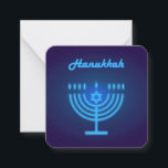 Hanukkah Menorah lights Festival decoration Card<br><div class="desc">Hanukkah Menorah - Festival of lights traditional decoration Jewish Holiday / Neon effect navy blue color modern design with blue menorah. star of David - Israeli star, for Invitations & Stationery > Personalized Stationery > Note Cards / Perfect present or gift for birthday, anniversary, classroom, teacher, family, friends, Hanukkah event,...</div>