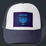 Hanukkah Menorah lights Festival decoration Trucker Hat<br><div class="desc">Hanukkah Menorah lights Festival decoration Navy blue neon colour,  modern design,  75th Anniversary Israel festival celebrate birthday gifts Accessories > Hats & Hair Accessories > Hats & Caps > Baseball & Trucker Hats</div>