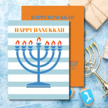 Hanukkah Menorah Modern Blue Greeting Card<br><div class="desc">Change up your Hanukkah wishes with this modern striped Menorah design. Still using the traditional seasonal colours. The blue Menorah has orange flames. Blues and oranges. There is room for your holiday message on the back with the word 'Love and light' able to be deleted if your do not want...</div>