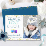 Hanukkah Menorah Modern Peace Love Light Photo Holiday Card<br><div class="desc">“Peace, love & light.” A playful, modern, artsy illustration of boho pattern candles in a menorah helps you usher in the holiday of Hanukkah, along with the custom photo of your choice. Assorted blue candles with colourful faux foil patterns overlay a white background. Faux gold foil confetti dots frame the...</div>