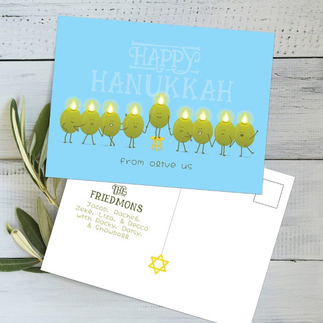 Hanukkah Menorah Olives, Baby Blue Group Postcard (Creator Uploaded)