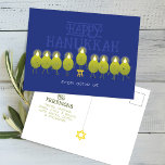 Hanukkah Menorah Olives, Blue Group Postcard<br><div class="desc">Celebrate the Festival of Lights with some fun! This festive greeting card showcases a group of happy olive characters who join forces (and flames!) to create a menorah — complete with the playful message “Happy Hanukkah from olive us.” It’s a cute way to send warm wishes from a family, circle...</div>