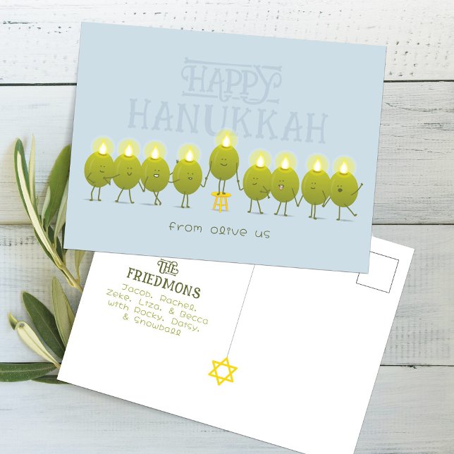 Hanukkah Menorah Olives, Pale Blue Group Postcard (Creator Uploaded)
