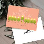 Hanukkah Menorah Olives | Peach Company Logo Holiday Card<br><div class="desc">Celebrate the spirit of teamwork this Hanukkah with a card that’s as playful as it is meaningful. On the front, a lively group of olives join forces, standing side by side to create a glowing menorah — complete with the fun-loving message “Happy Hanukkah from olive us.” It’s a cheerful way...</div>