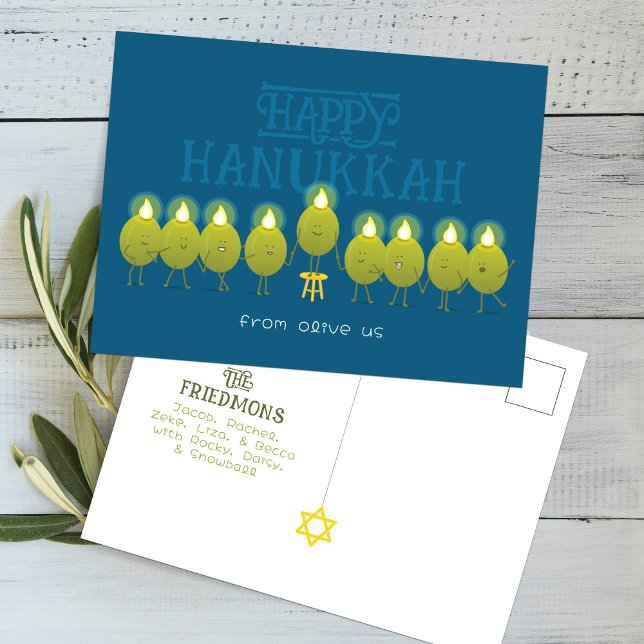 Hanukkah Menorah Olives, Teal Blue Group Postcard (Creator Uploaded)