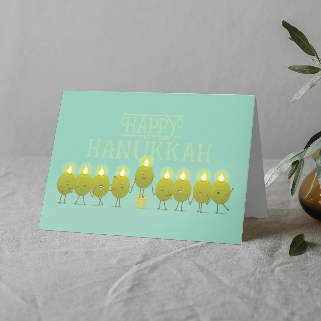 Hanukkah Menorah Olives, Teal Green Folded Group Card (Creator Uploaded)