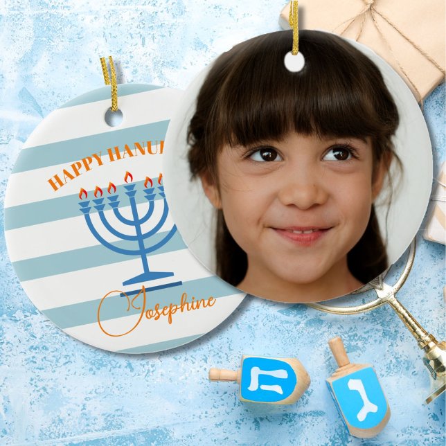 Hanukkah Menorah Photo Blue Orange  Ceramic Tree Decoration (Creator Uploaded)