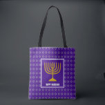 HANUKKAH Menorah Star David Personalised Purple Tote Bag<br><div class="desc">Stylish festive all over print purple TOTE BAG with faux silver Star of David in subtle background pattern. Placeholder text is customisable so you can change HAPPY HANUKKAH to a greeting of your own choice (text of similar length), your name or text in your own language. Part of the HANUKKAH...</div>
