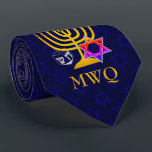 HANUKKAH Menorah Star of David MONOGRAM Tie<br><div class="desc">Elegant,  stylish midnight blue HANUKKAH Neck Tie,  designed with faux gold menorah,  colourful Star of David and silver coloured dreidel plus CUSTOMIZABLE MONOGRAM. There is a subtle tiled pattern of the Star of David in the background. Available in mid blue with optional monogram.</div>