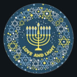 Hanukkah Menorah Star of David Wreath  Classic Round Sticker<br><div class="desc">Celebrate the beauty and warmth of Hanukkah with this elegant and modern Jewish holiday design featuring a glowing menorah surrounded by a wreath of Star of David motifs and twinkling stars. The phrase “Love and Light” captures the spirit of the Festival of Lights—joy, tradition, and togetherness. Set against a deep...</div>