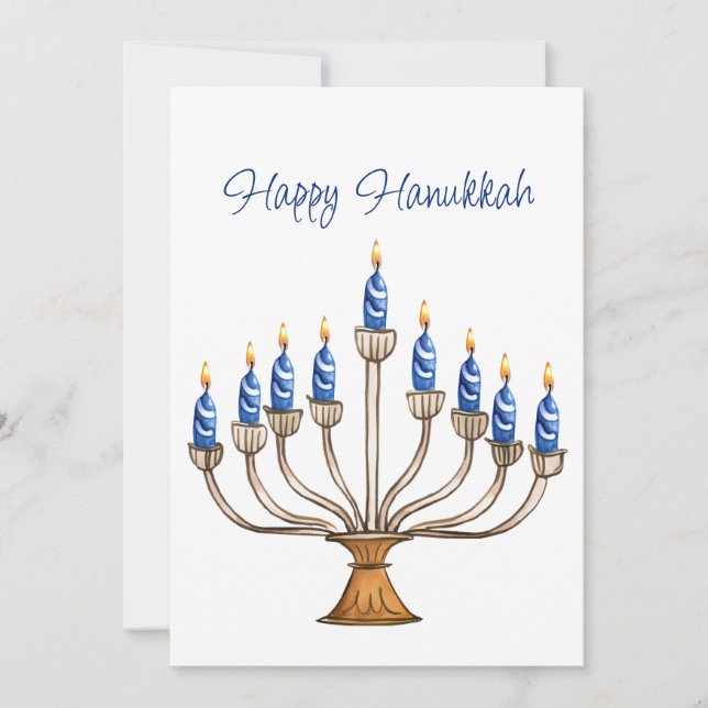 Hanukkah Menorah with Blue, White Burning Candles  (Front)